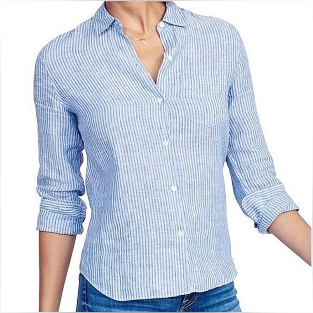 UNTUCKit Villa Fiore Women's
Blue Striped 100% Linen Button
Front Shirt Sz 12